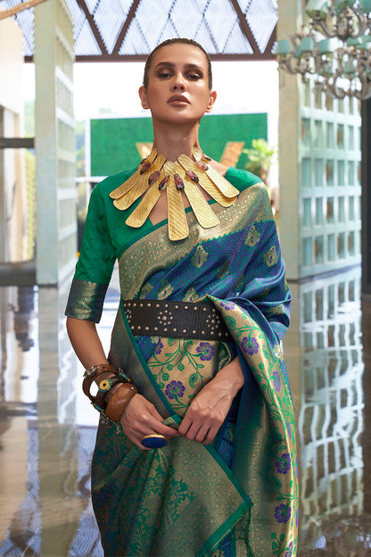 Olympic Blue & Green Shade Banarasi Silk Saree with Green Fancy Blouse