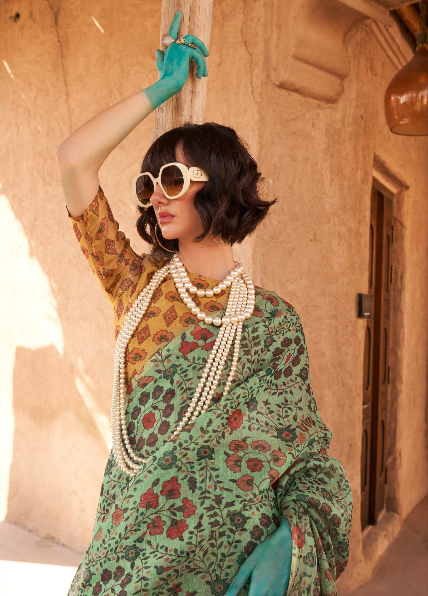Jade Green Floral Organza Saree with Yellow Pretty Blouse