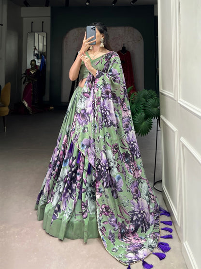 Floral Design Multi-colored Lehegas For Women with Fancy Blouse and Dupatta