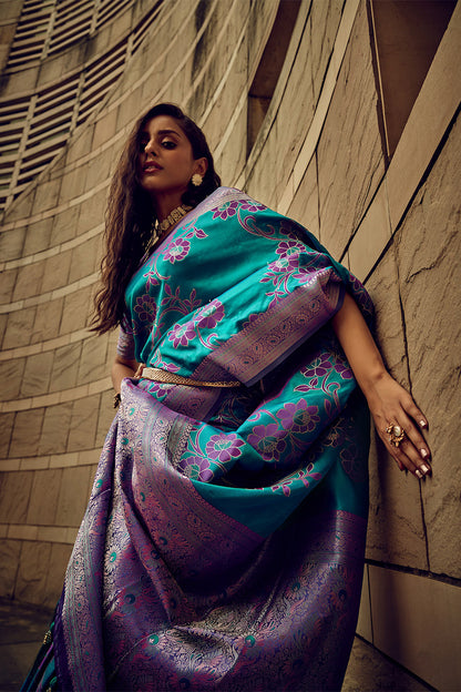 Pine Green & Purple Satin Saree with Purple Pretty Blouse