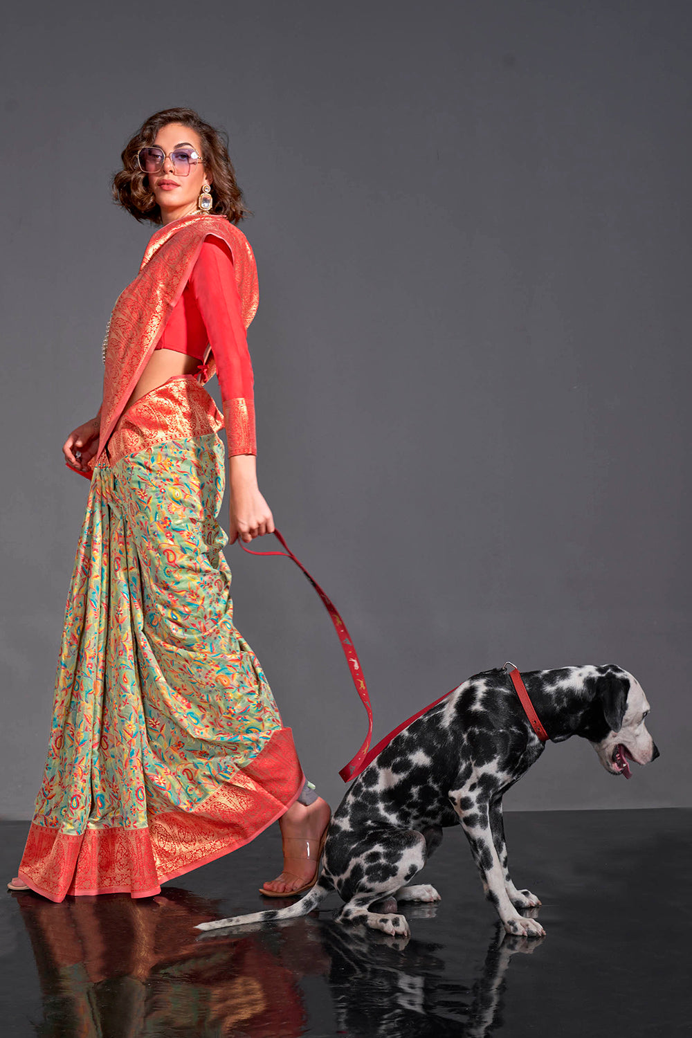 Sage Green Kashmiri Silk Saree with Hot Pink Pretty Blouse