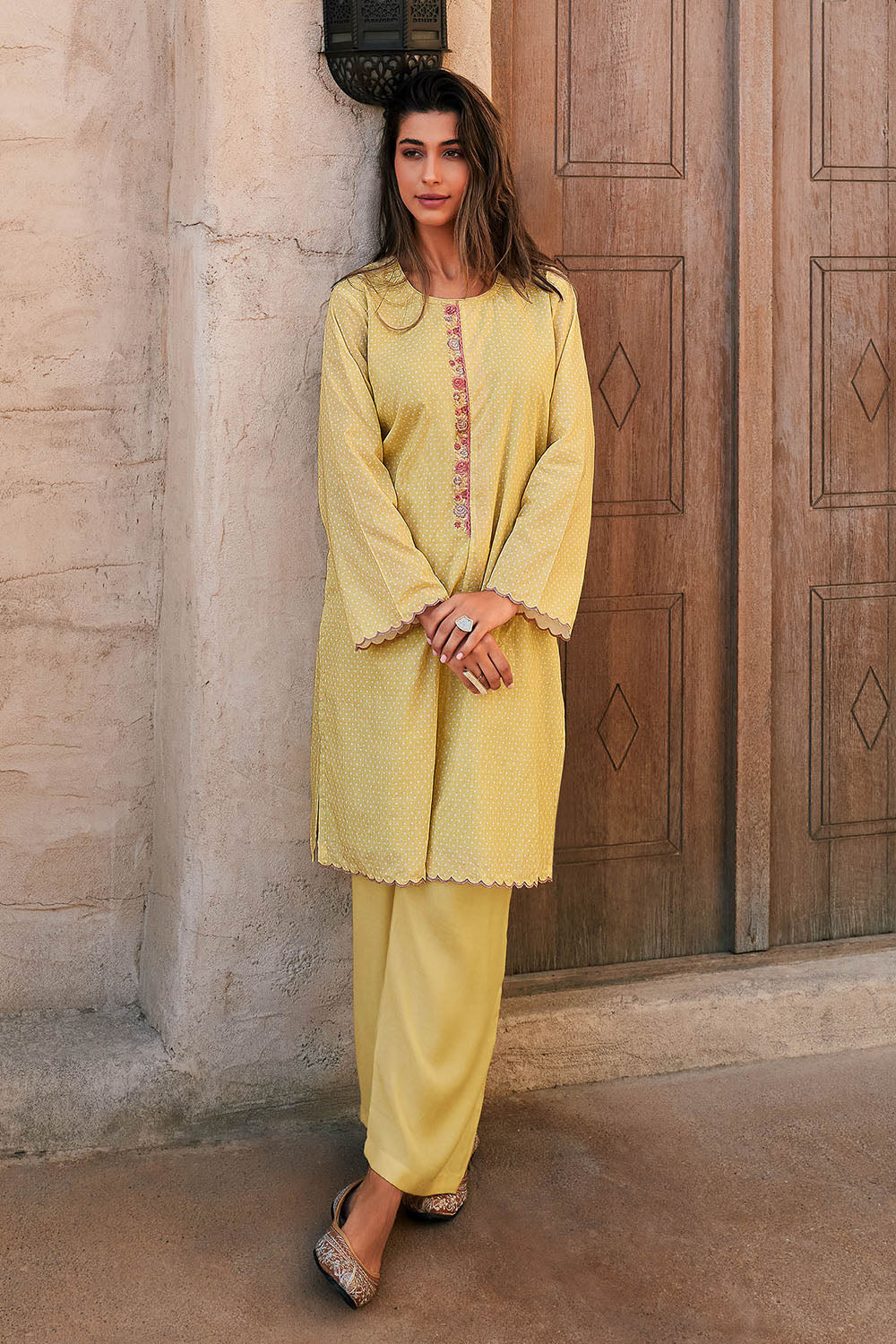 Flax Yellow Bandhany Style Slawar Suit with Purple Designer Dupatta and Pant