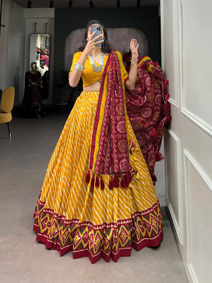 Tuscany Yellow Leheriya Style Lehengas with Blouse and Dupatta