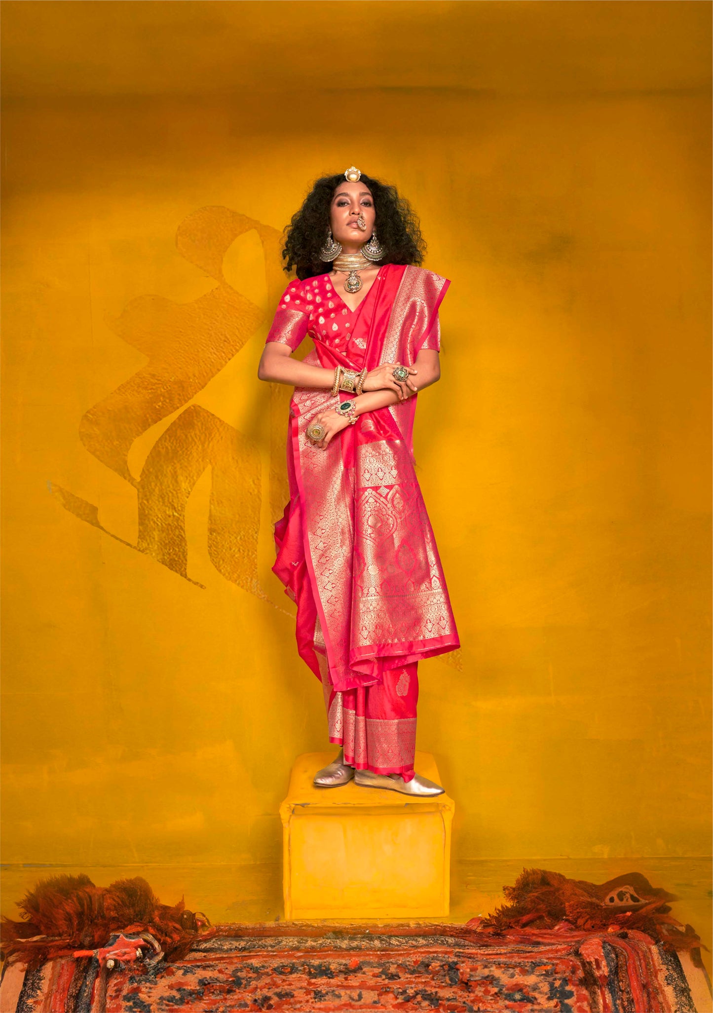 Imperial Pink & Golden Border Banarasi Silk Saree with Designer Blouse
