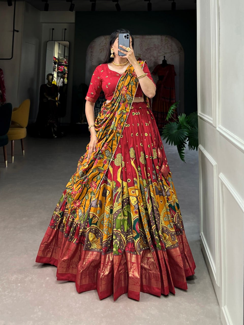 Red & Yellow Floral Heavy Lehenga Choli For Women with Designer Dupatta