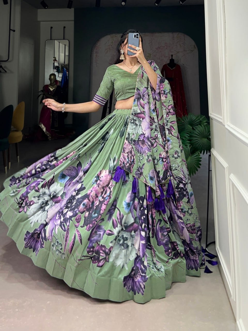 Floral Design Multi-colored Lehegas For Women with Fancy Blouse and Dupatta
