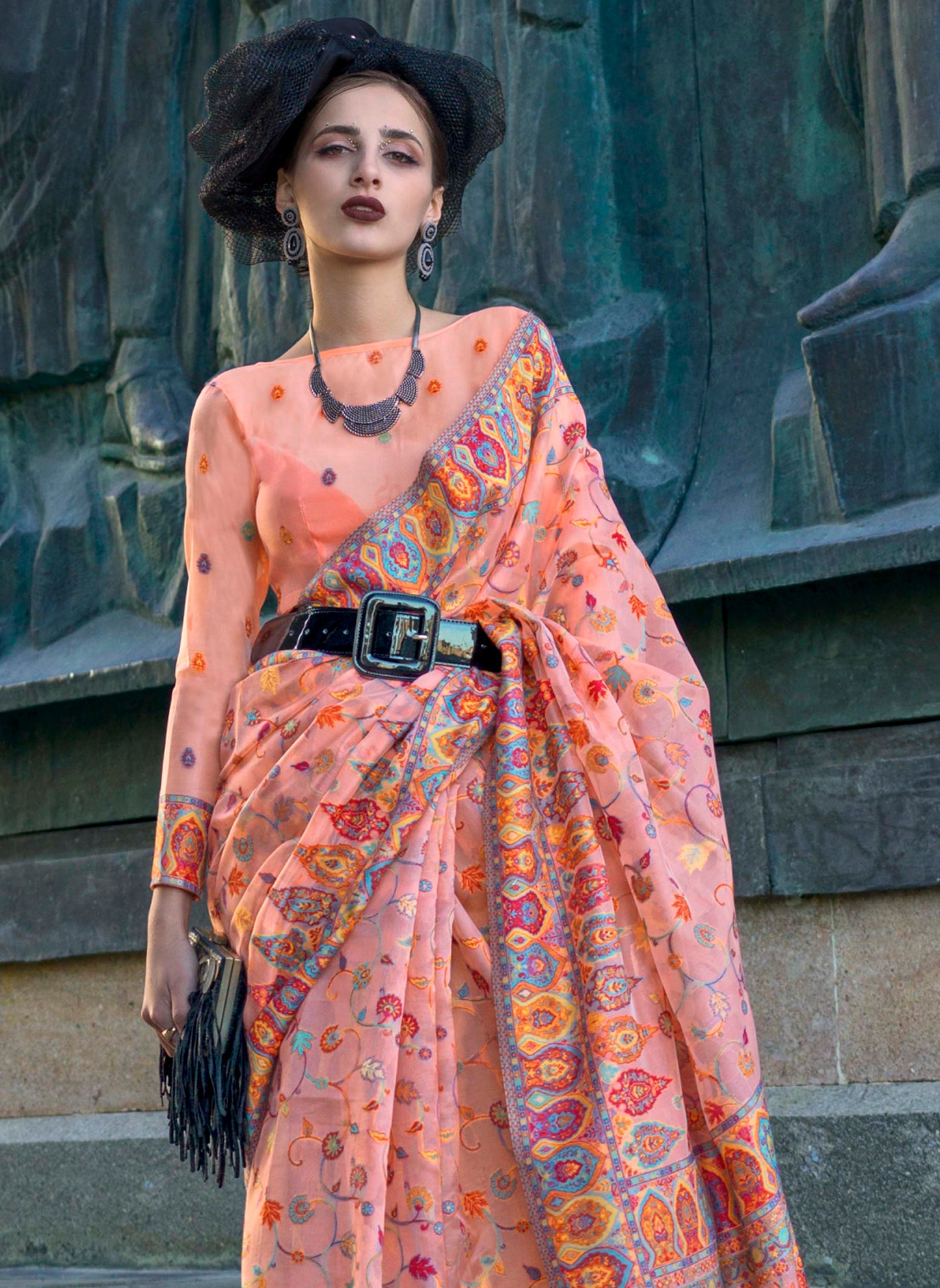 Cream Peach Kashmiri Kani Silk Saree with Pretty Same Coloed Blouse