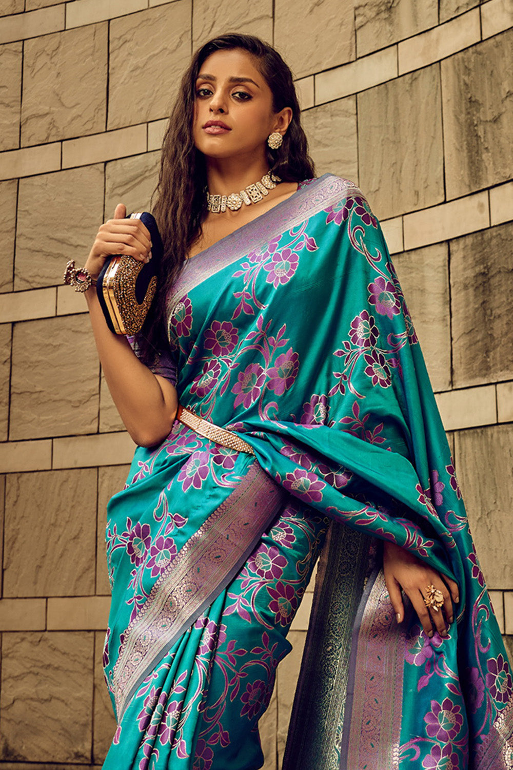Pine Green & Purple Satin Saree with Purple Pretty Blouse