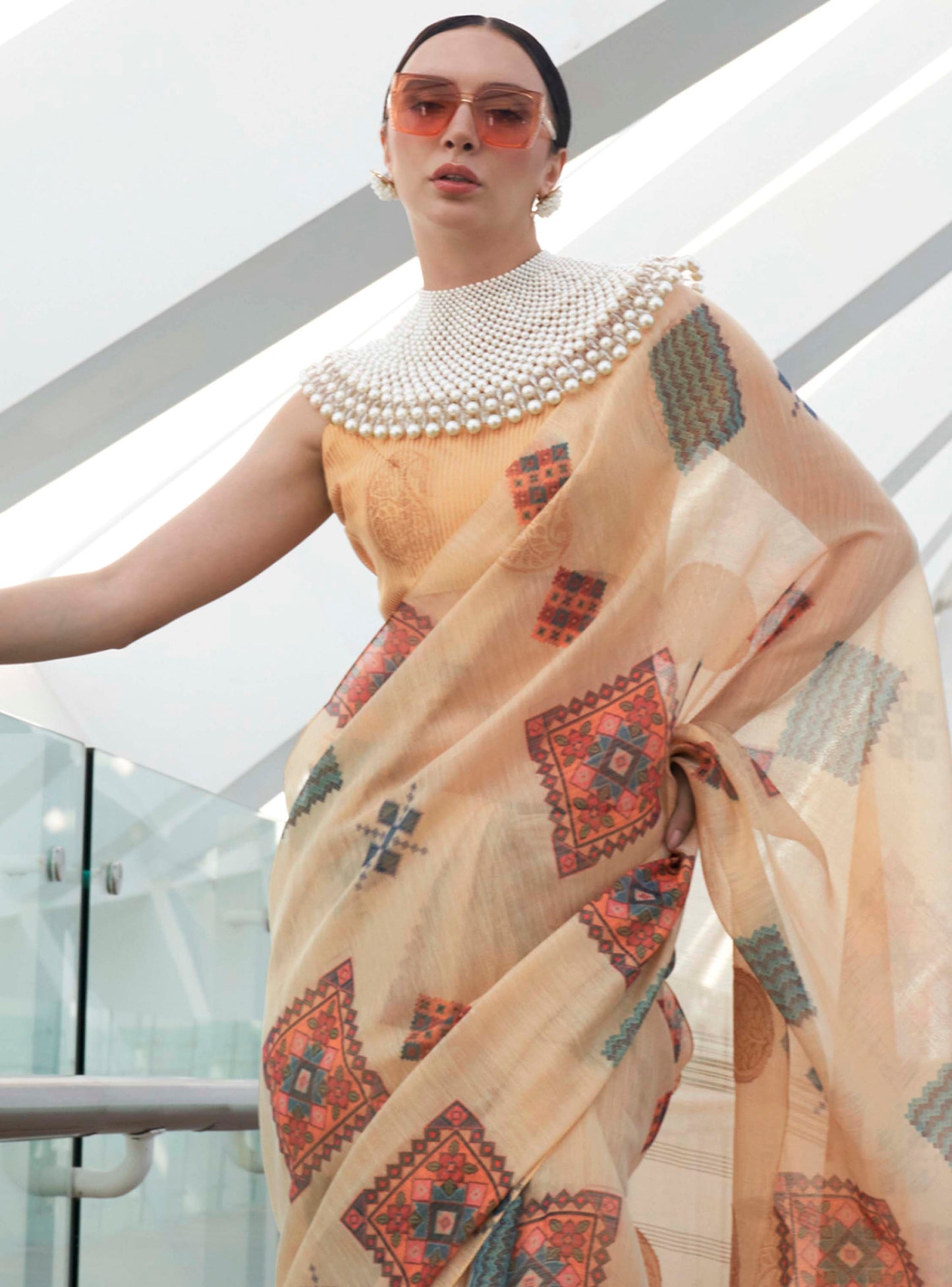 Cream & Golden Tissue Silk Saree with Contrast Same Colored Blouse