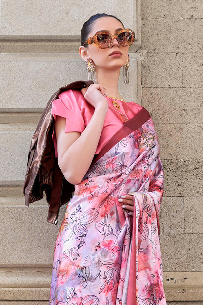 Pink & Multi-colored Printed Saree with Taffy Pink Designer Blouse
