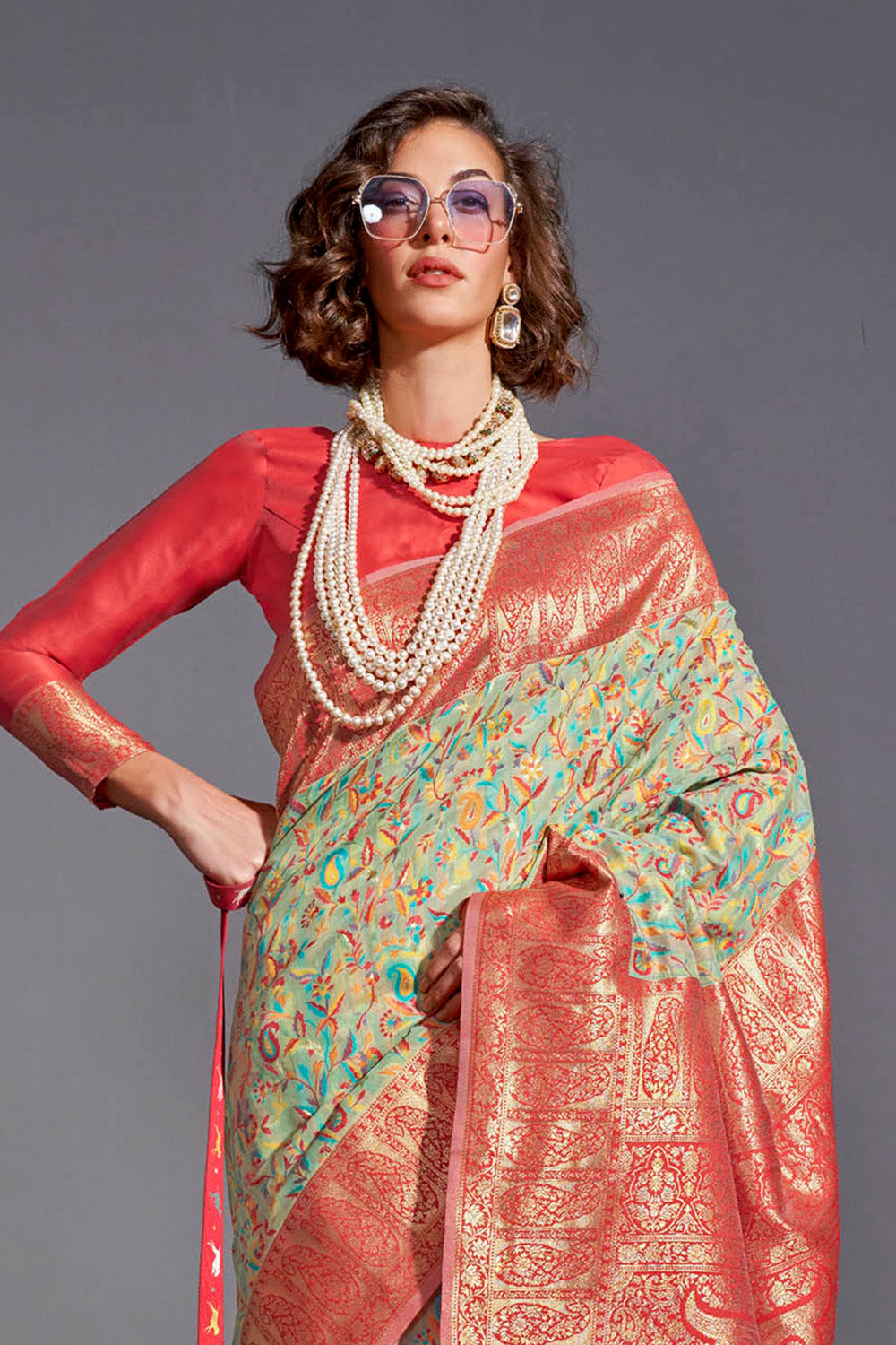Sage Green Kashmiri Silk Saree with Hot Pink Pretty Blouse