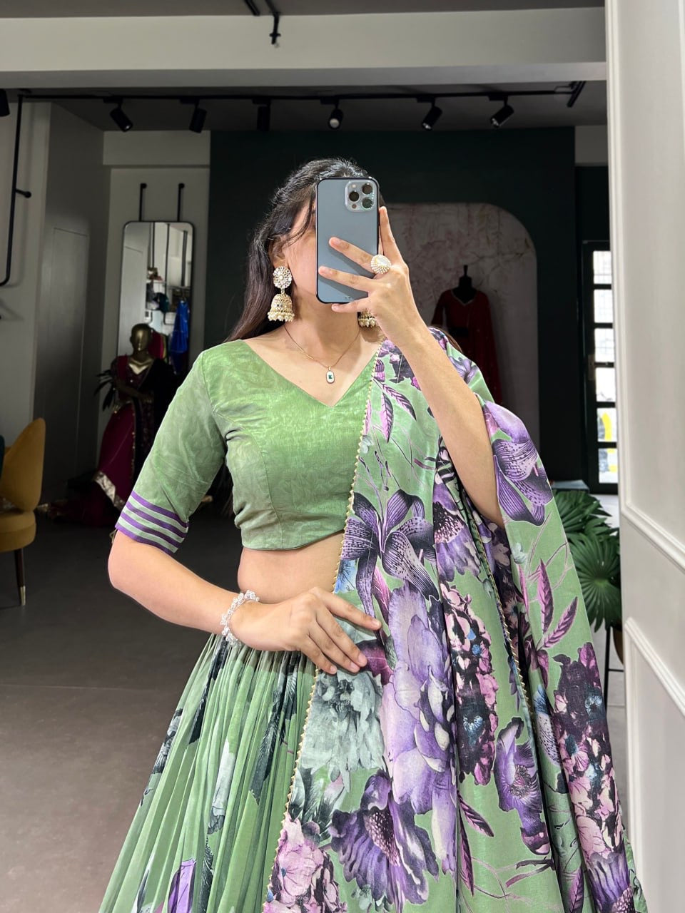 Floral Design Multi-colored Lehegas For Women with Fancy Blouse and Dupatta
