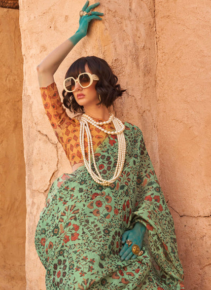 Jade Green Floral Organza Saree with Yellow Pretty Blouse