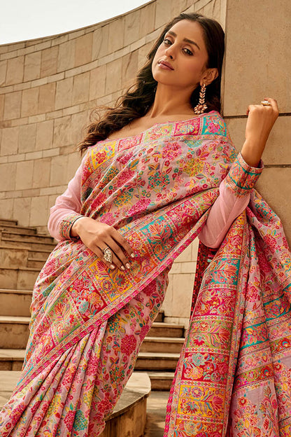 Taffy Pink & Multi-colored Kashmiri Silk Saree with Pink Fancy Blouse