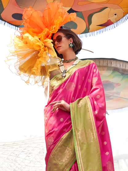 Magenta Pink & Moss Green Kanjeevaram Silk Saree with Designer Blouse