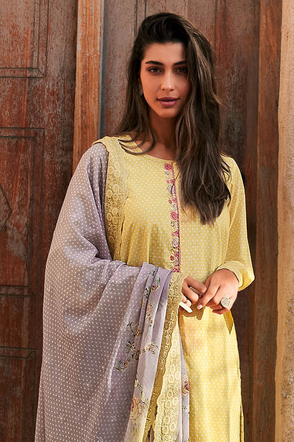 Flax Yellow Bandhany Style Slawar Suit with Purple Designer Dupatta and Pant