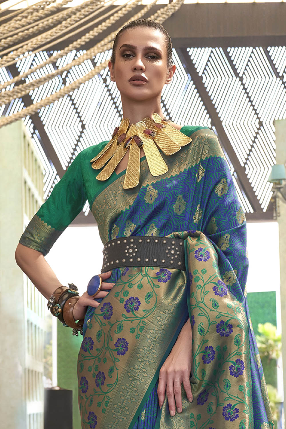 Olympic Blue & Green Shade Banarasi Silk Saree with Green Fancy Blouse