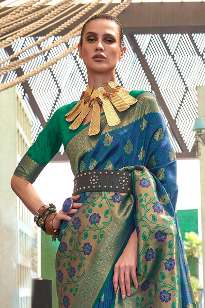 Olympic Blue & Green Shade Banarasi Silk Saree with Green Fancy Blouse