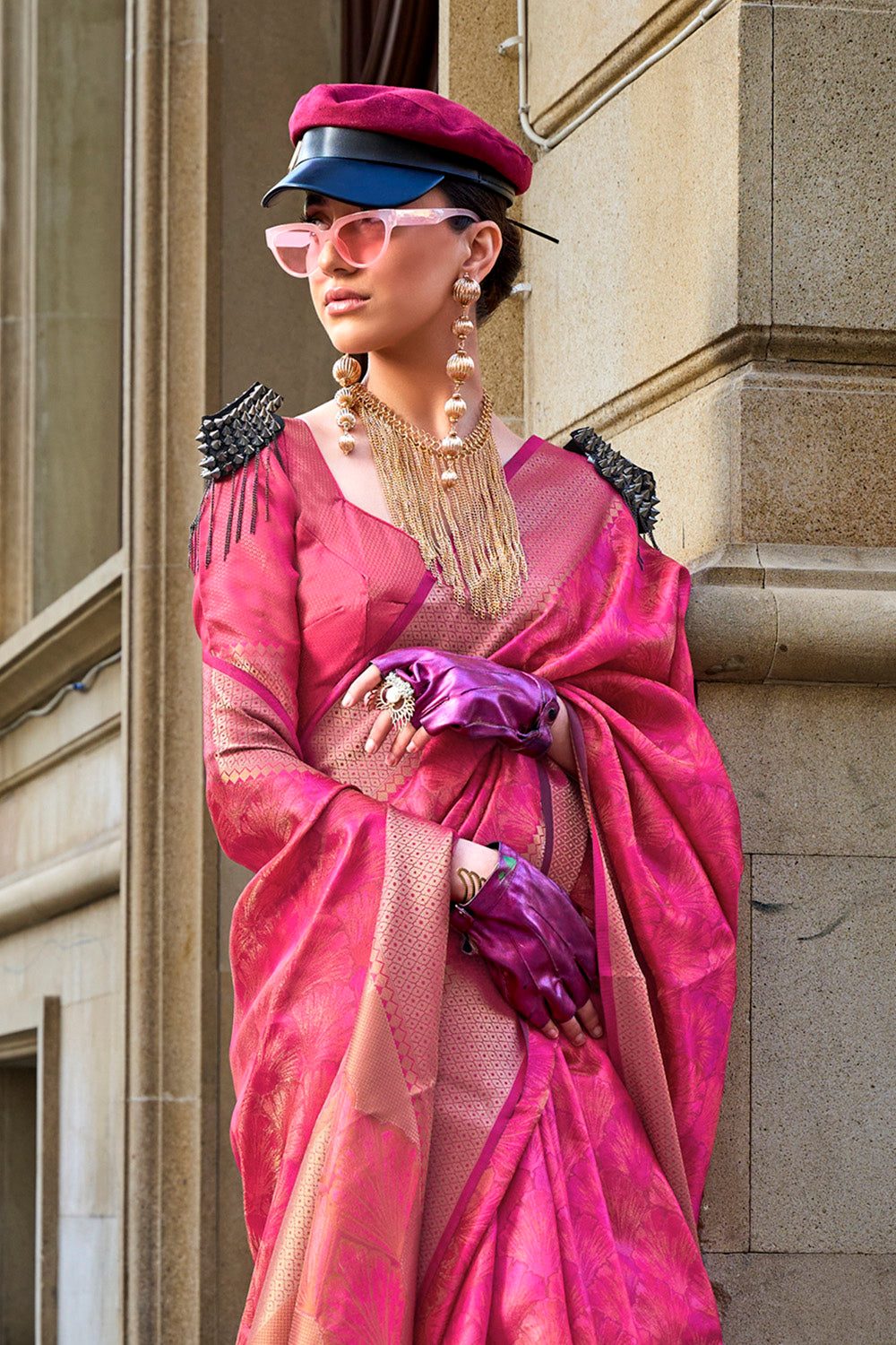 Ruby Pink & Golden Border Banarasi Silk Saree with Contrast Pink Designer Blouse