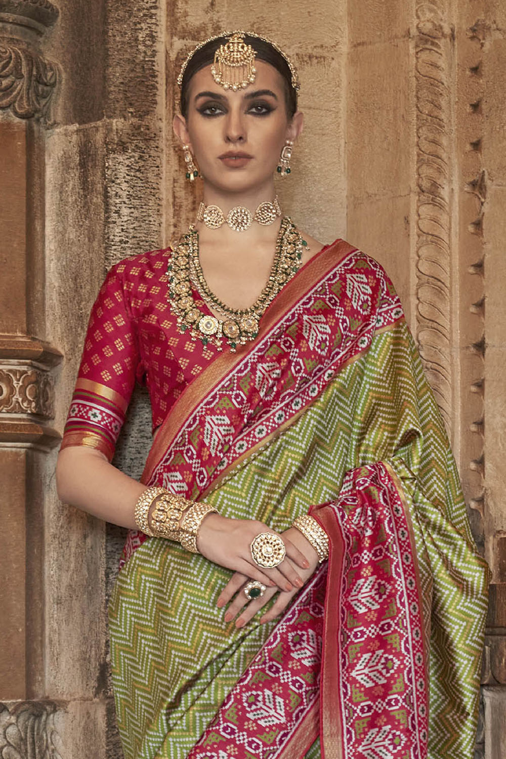 Kelly Green & Carmine Red Border Patola Saree with Red Blouse