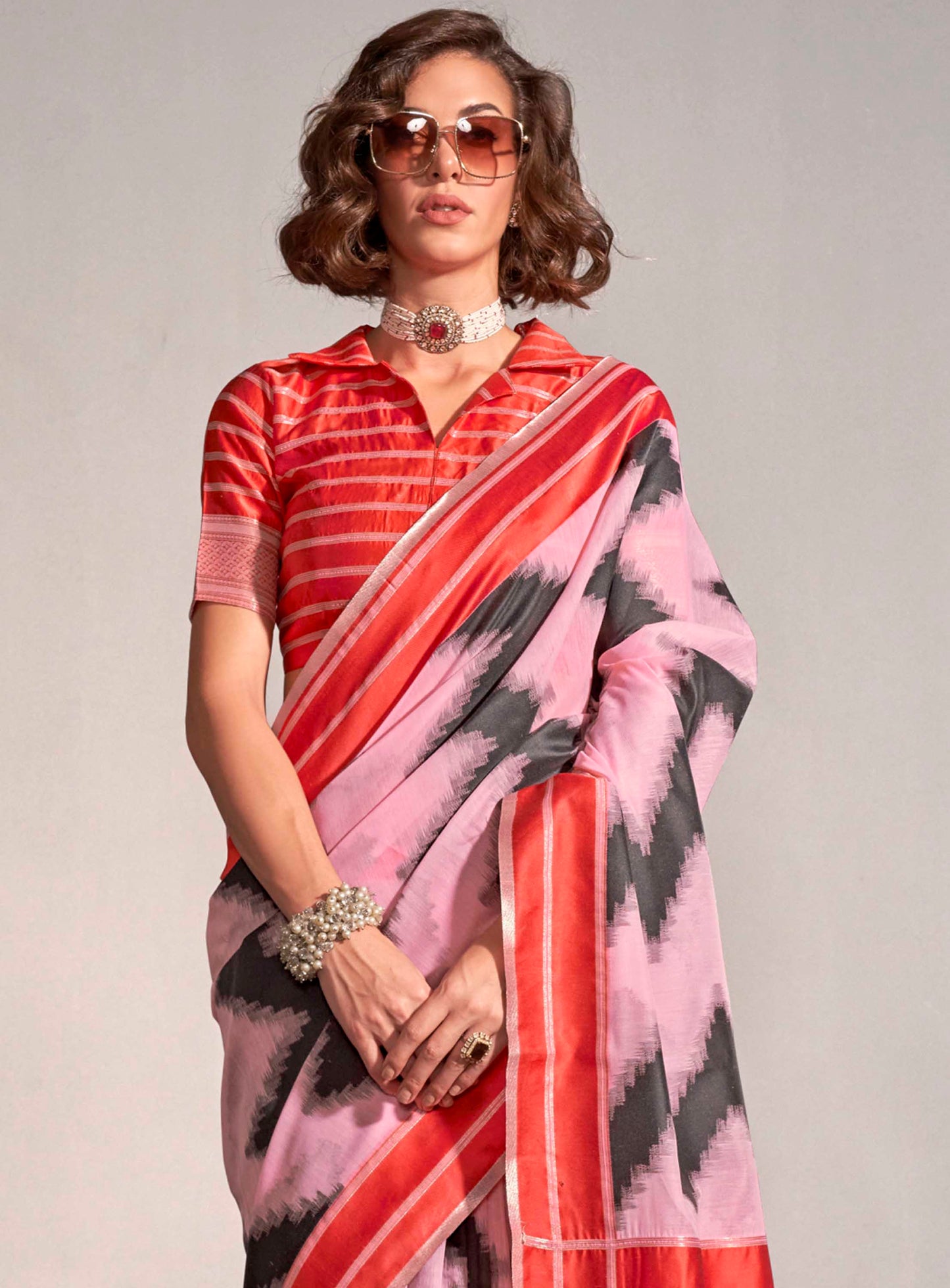 Taffy Pink & Red Designer Saree with Pretty Red Blouse