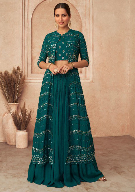 Pine Green Embroidery Work Palazzo Suit with Fancy Tunic Top and Palazzo