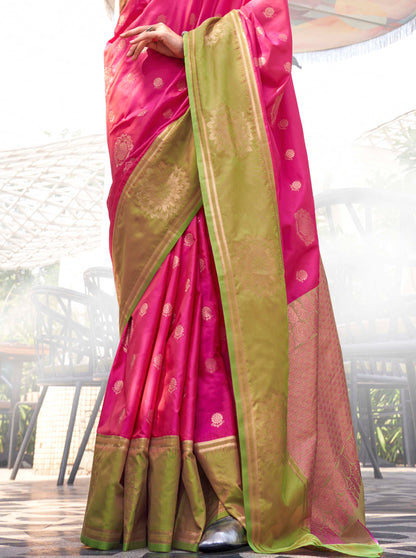 Magenta Pink & Moss Green Kanjeevaram Silk Saree with Designer Blouse