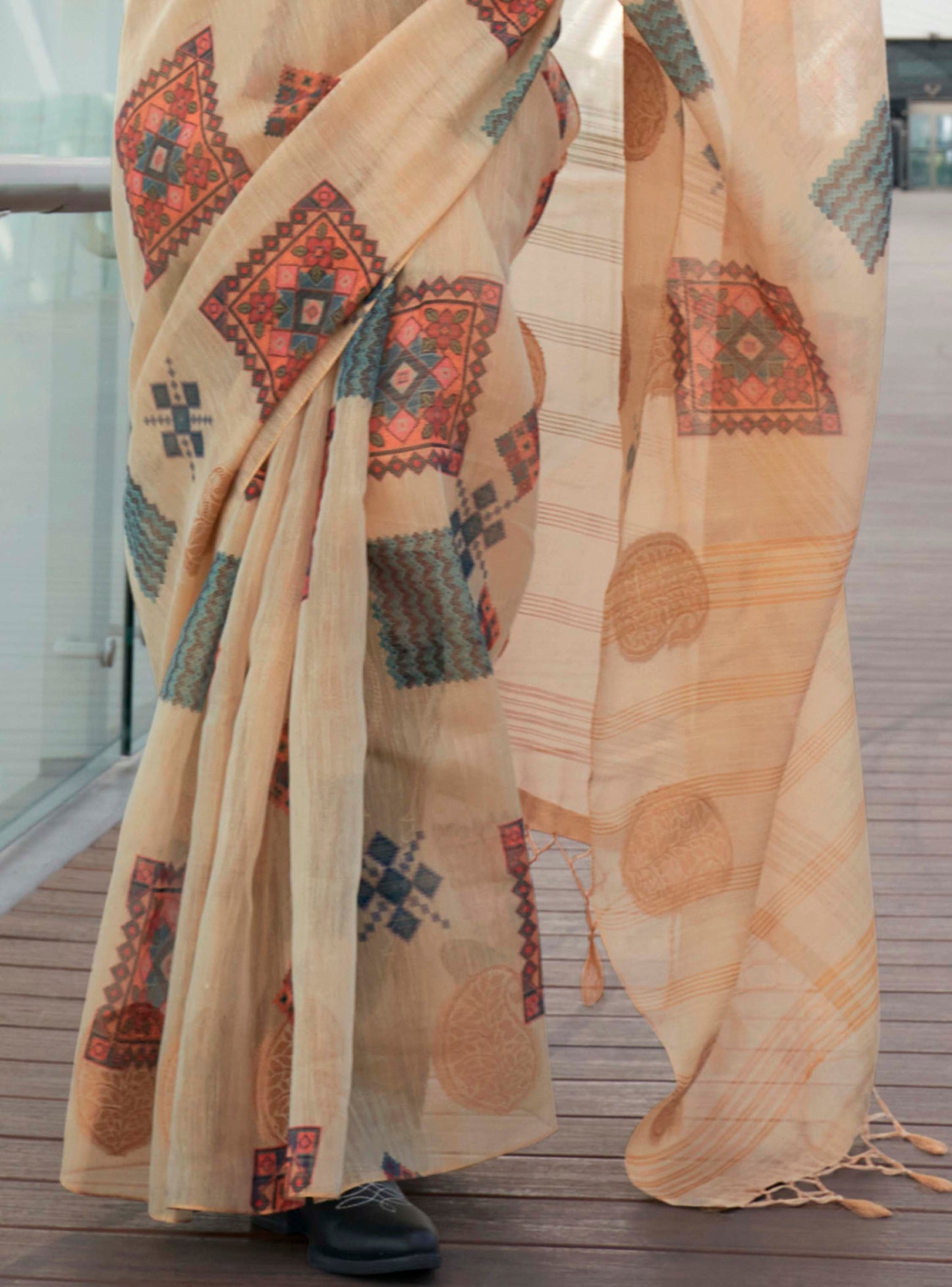 Cream & Golden Tissue Silk Saree with Contrast Same Colored Blouse