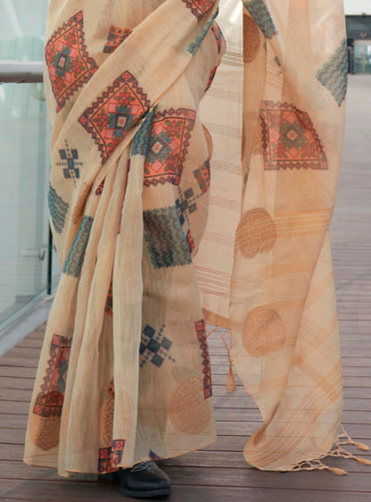 Cream & Golden Tissue Silk Saree with Contrast Same Colored Blouse