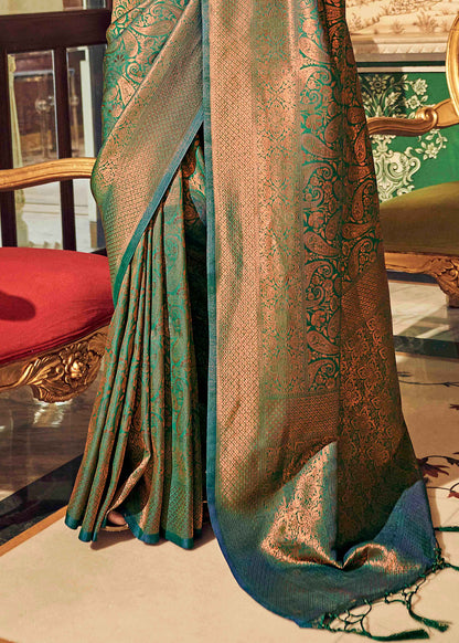 Sea Green & Golden Shade Kanjeevaram Silk Saree with Green Designer Blouse