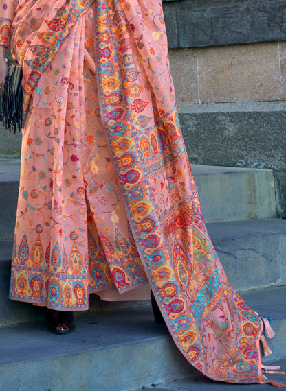 Cream Peach Kashmiri Kani Silk Saree with Pretty Same Coloed Blouse
