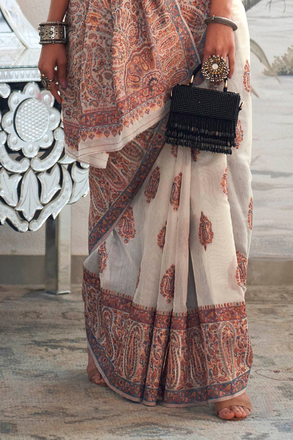 White & Multi-colored Designer Border Kashmiri Saree with Fancy Blouse