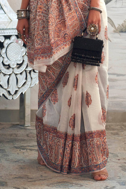 White & Multi-colored Designer Border Kashmiri Saree with Fancy Blouse