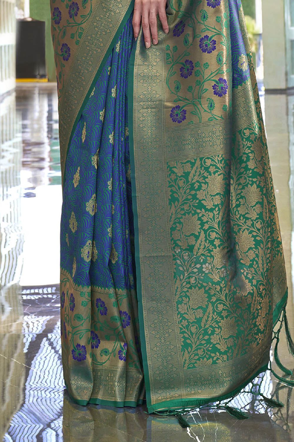 Olympic Blue & Green Shade Banarasi Silk Saree with Green Fancy Blouse