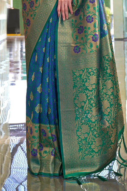 Olympic Blue & Green Shade Banarasi Silk Saree with Green Fancy Blouse