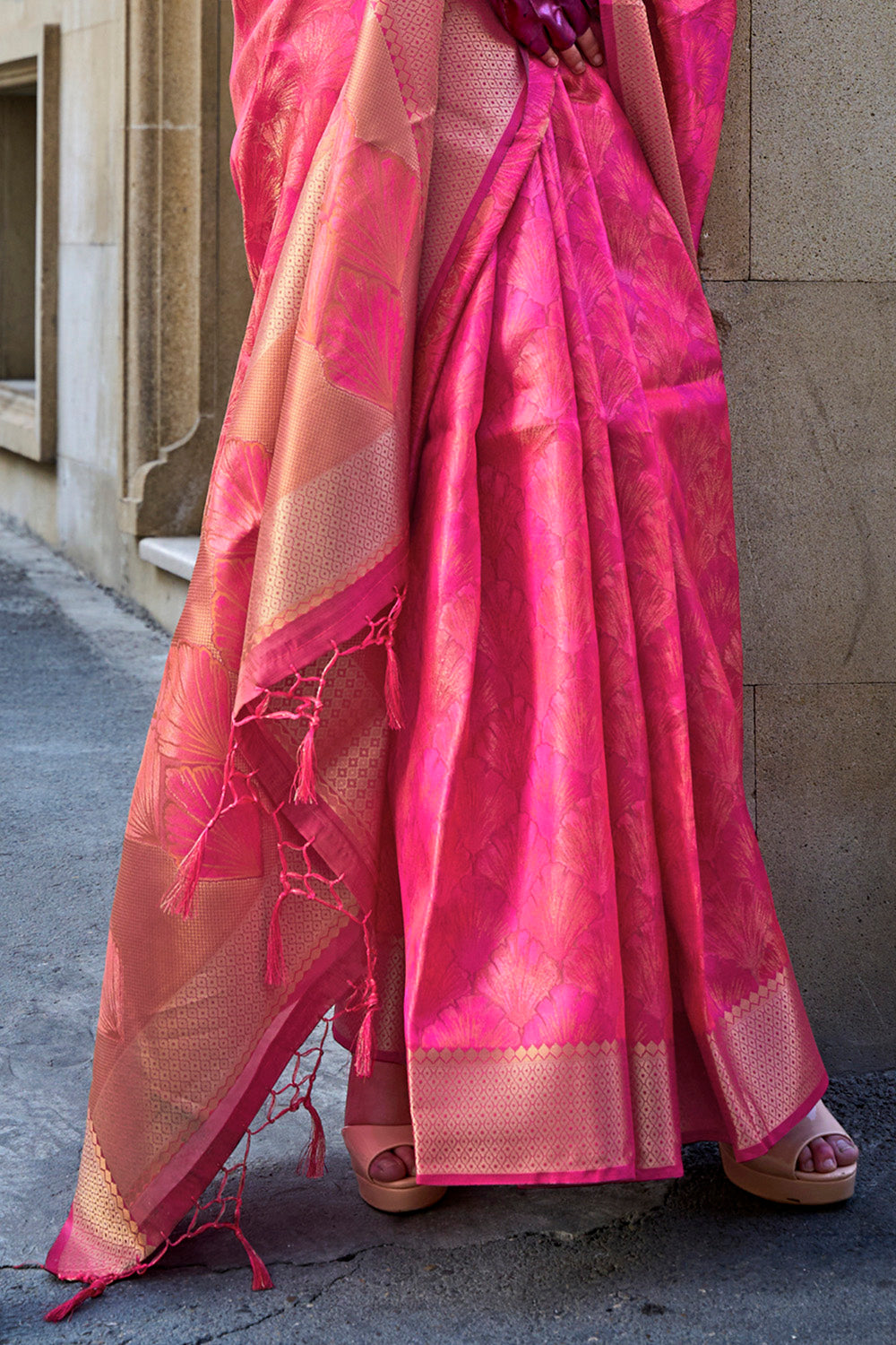Ruby Pink & Golden Border Banarasi Silk Saree with Contrast Pink Designer Blouse