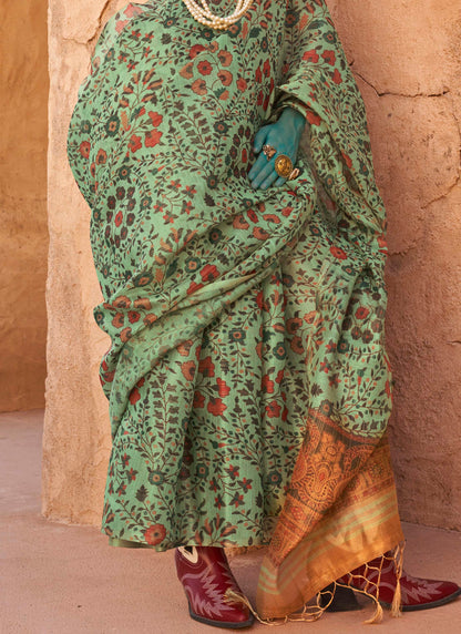 Jade Green Floral Organza Saree with Yellow Pretty Blouse