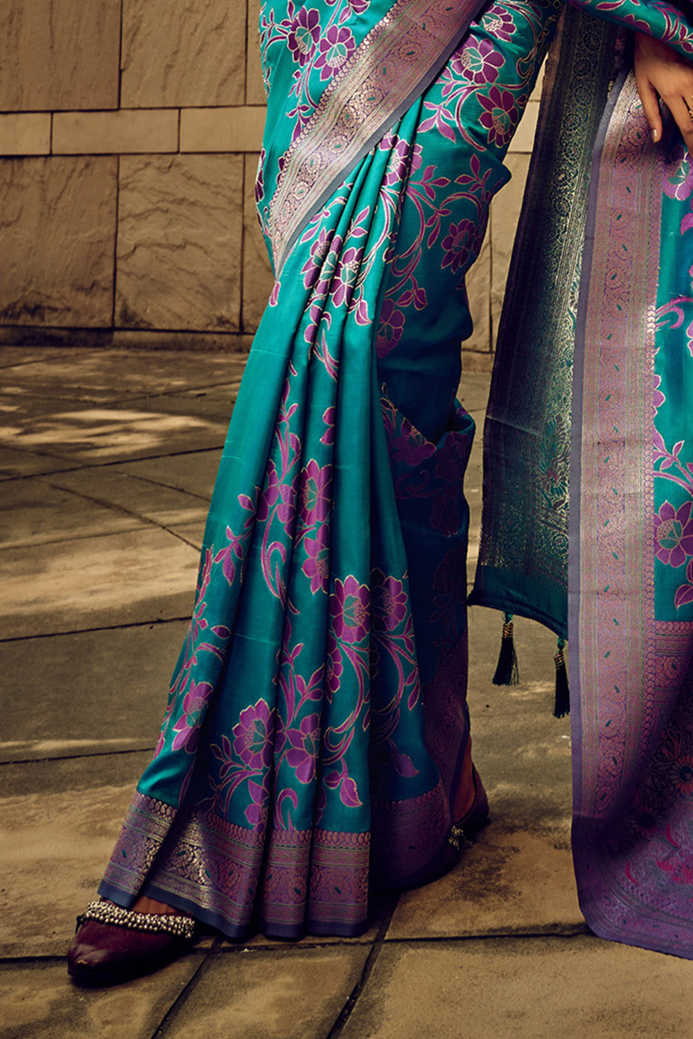Pine Green & Purple Satin Saree with Purple Pretty Blouse