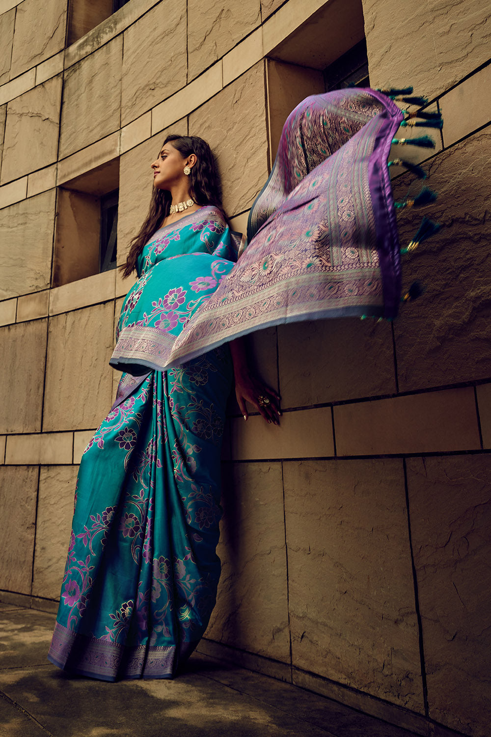 Pine Green & Purple Satin Saree with Purple Pretty Blouse