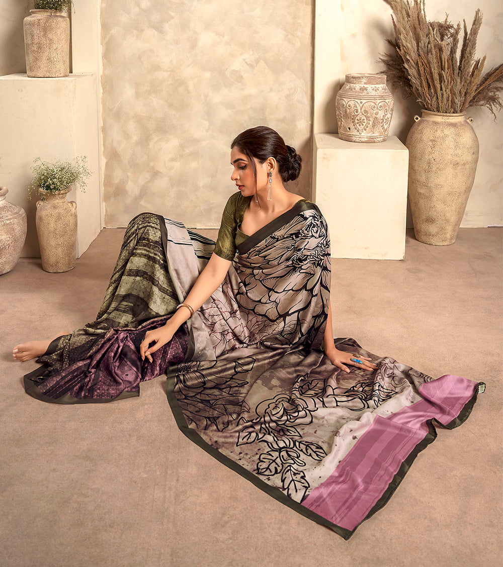 Mink Grey Printed Saree with Army Green Fancy Blouse