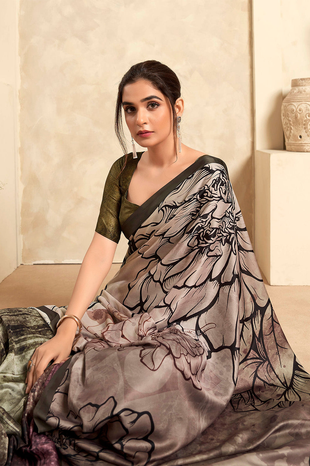 Mink Grey Printed Saree with Army Green Fancy Blouse