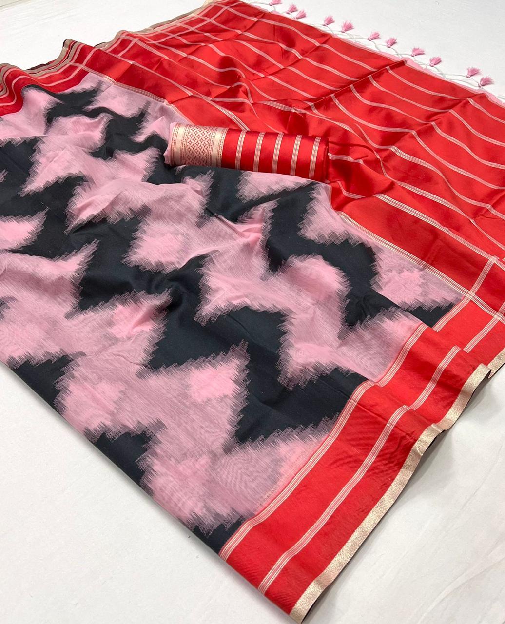 Taffy Pink & Red Designer Saree with Pretty Red Blouse