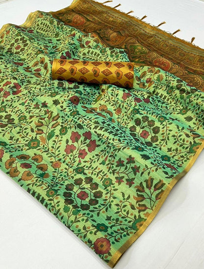 Jade Green Floral Organza Saree with Yellow Pretty Blouse