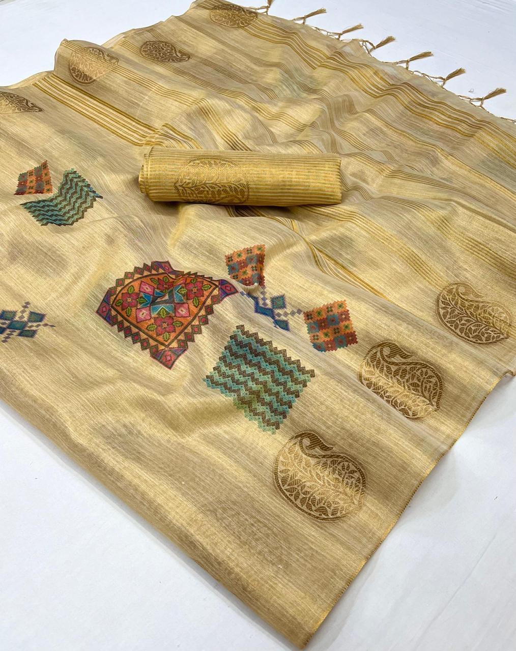 Cream & Golden Tissue Silk Saree with Contrast Same Colored Blouse