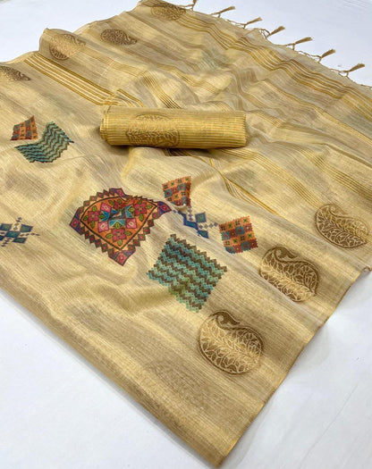 Cream & Golden Tissue Silk Saree with Contrast Same Colored Blouse