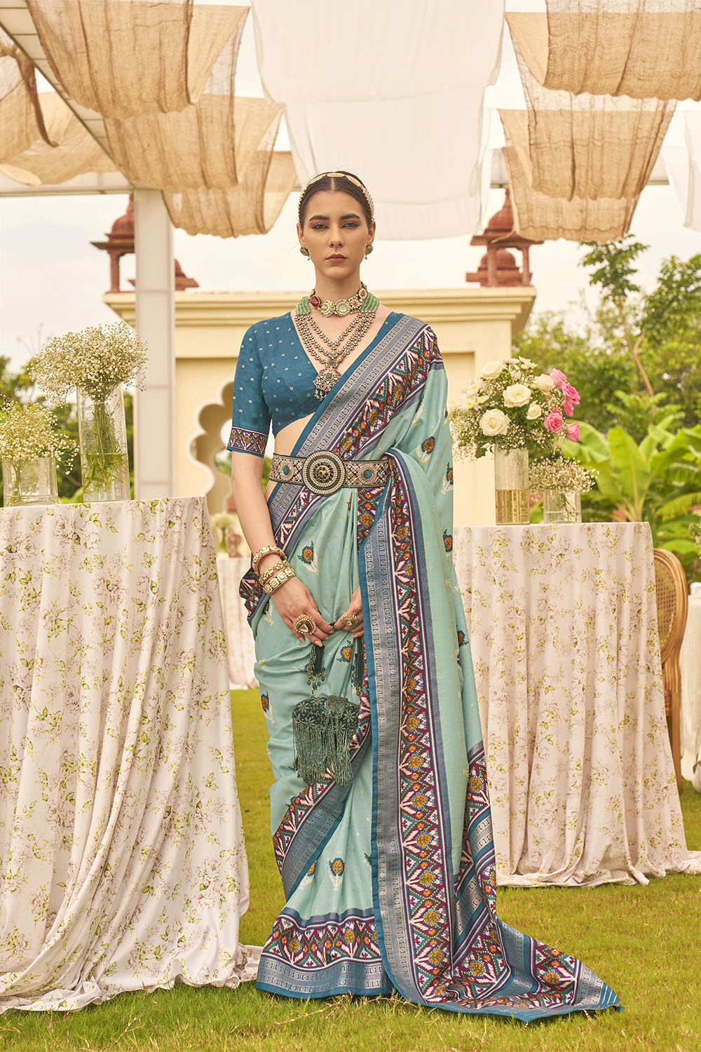 Maya Blue & Designer Border Patola Saree with Blue Contrast Blouse