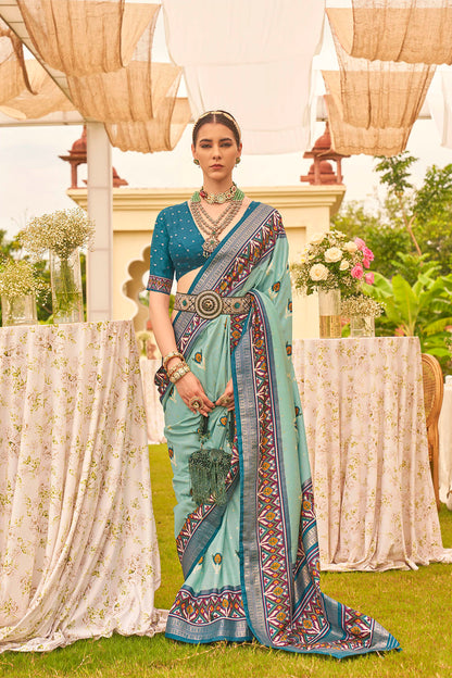 Maya Blue & Designer Border Patola Saree with Blue Contrast Blouse
