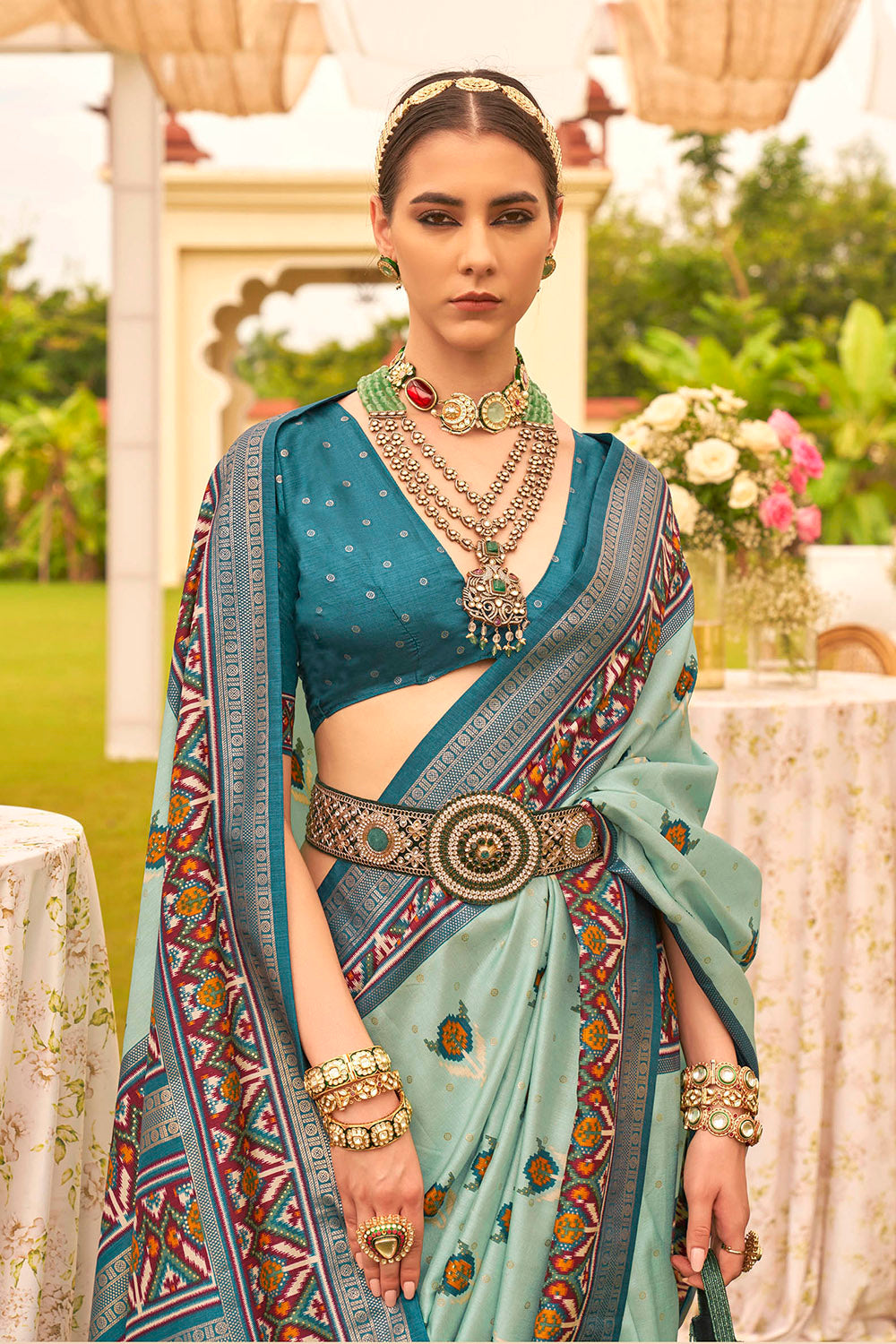 Maya Blue & Designer Border Patola Saree with Blue Contrast Blouse