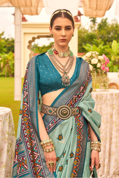 Maya Blue & Designer Border Patola Saree with Blue Contrast Blouse