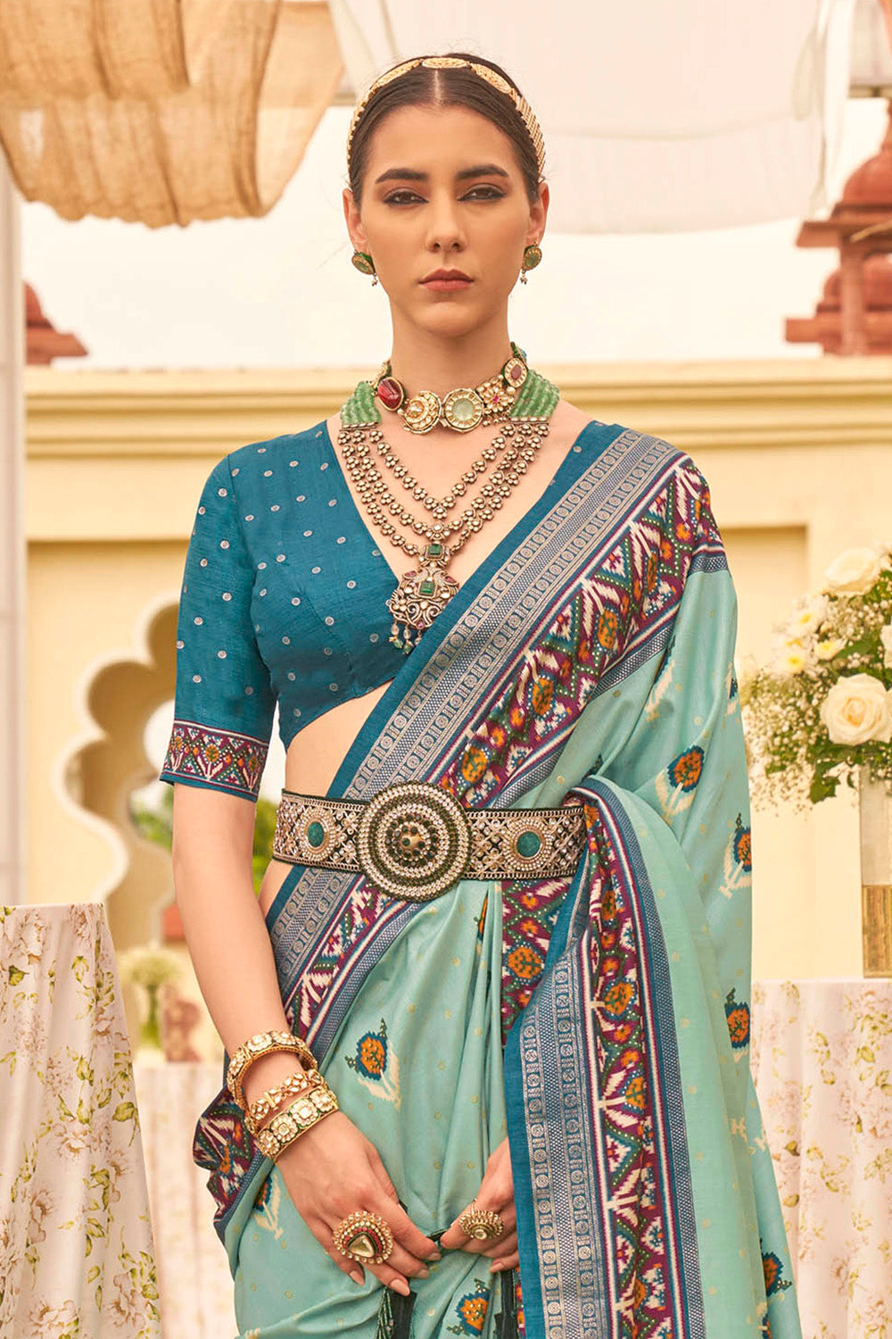 Maya Blue & Designer Border Patola Saree with Blue Contrast Blouse